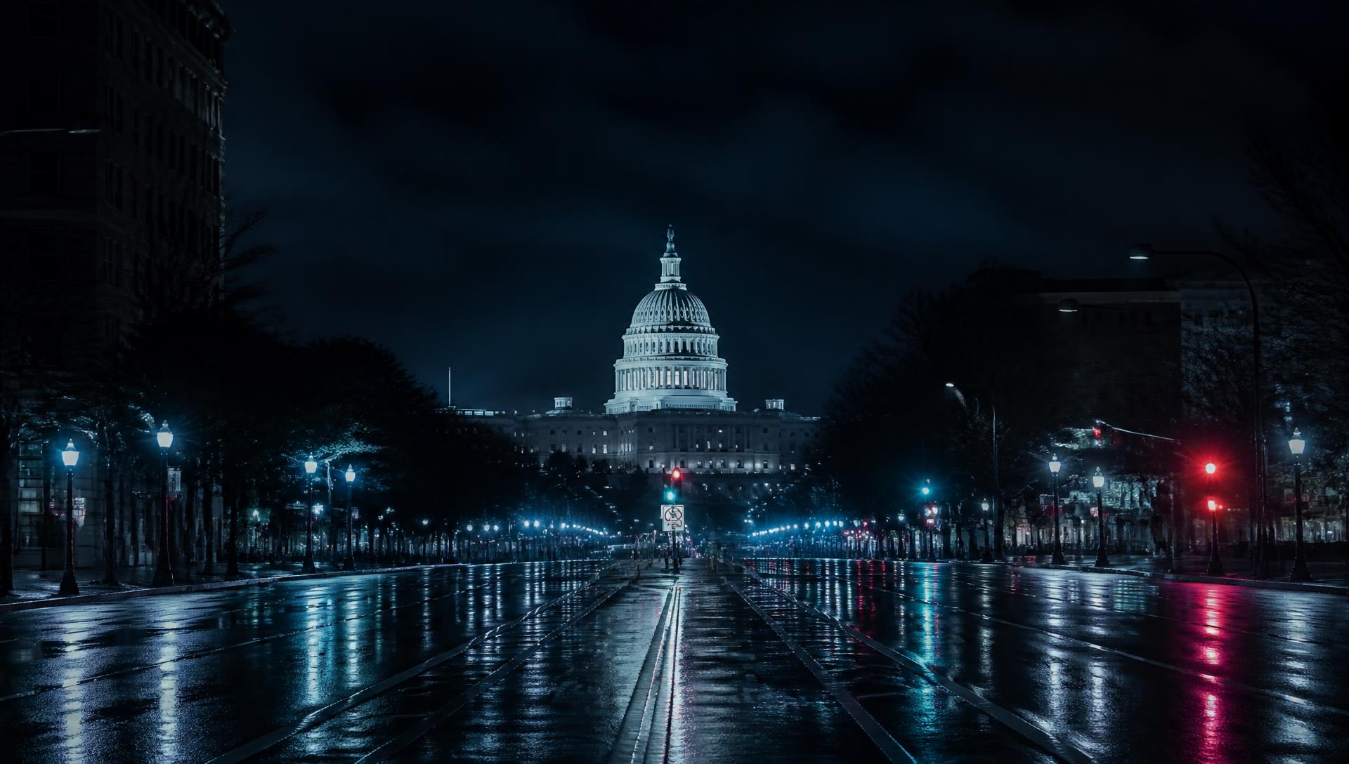 Pennsylvania Avenue at night with the United States Capitol in the distance