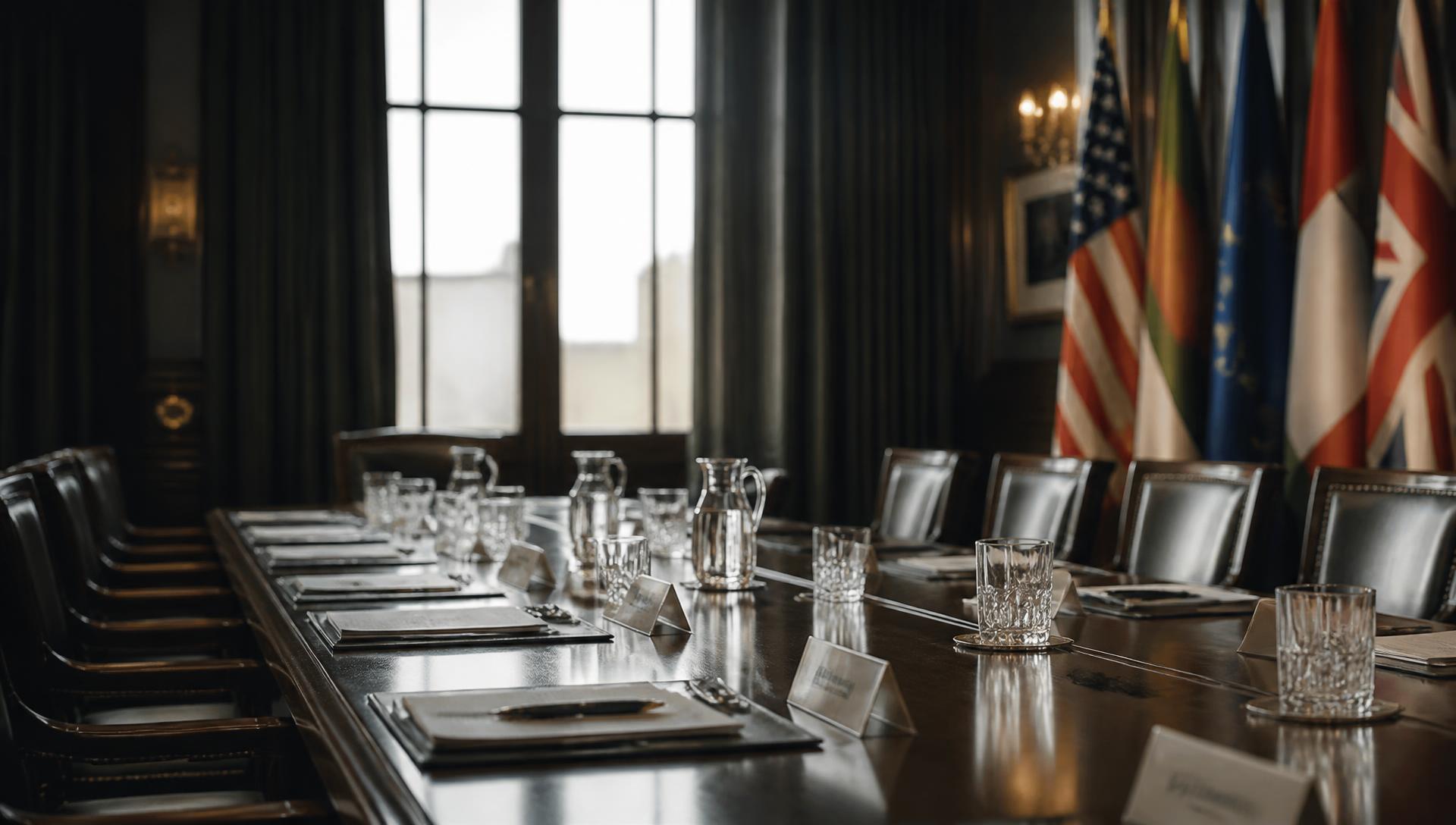 A diplomatic conference room with international flags